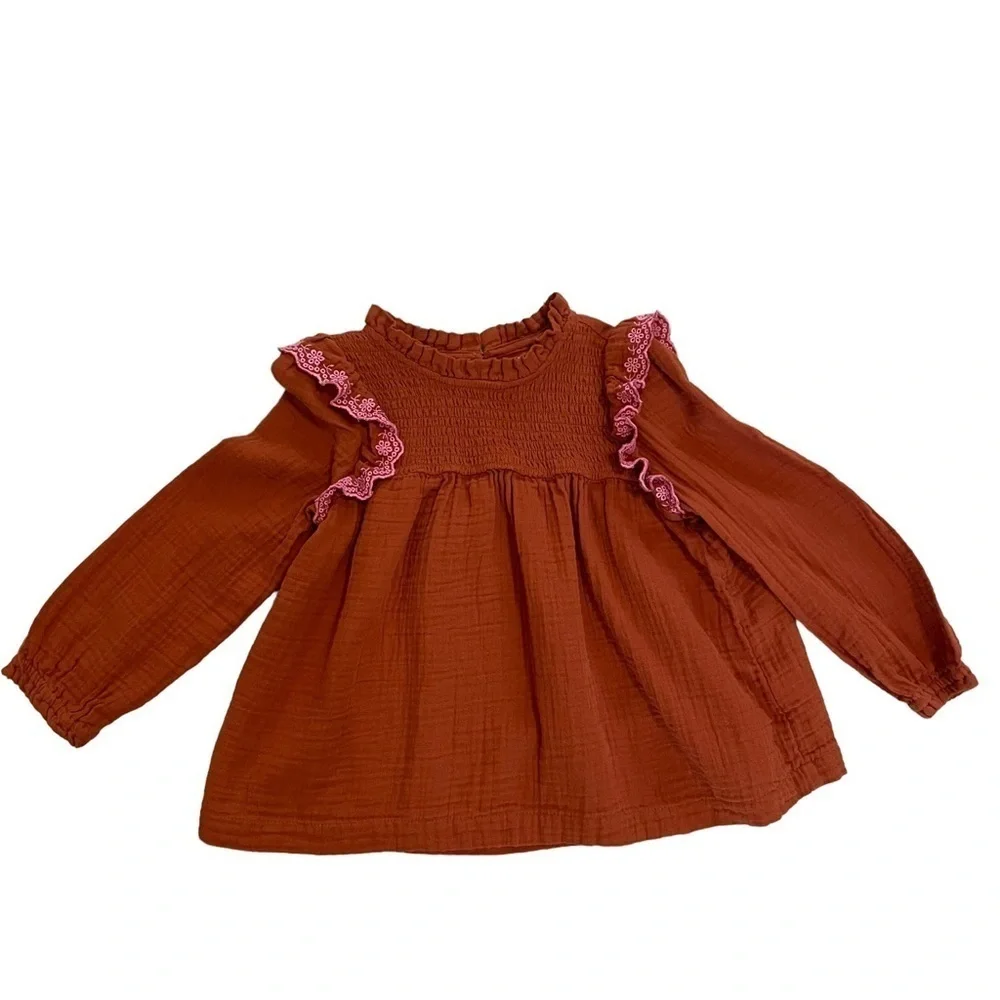 Cat & Jack Rust and Pink Ruffle Long Sleeve Smocked Chest Shirt Size S 6/6X